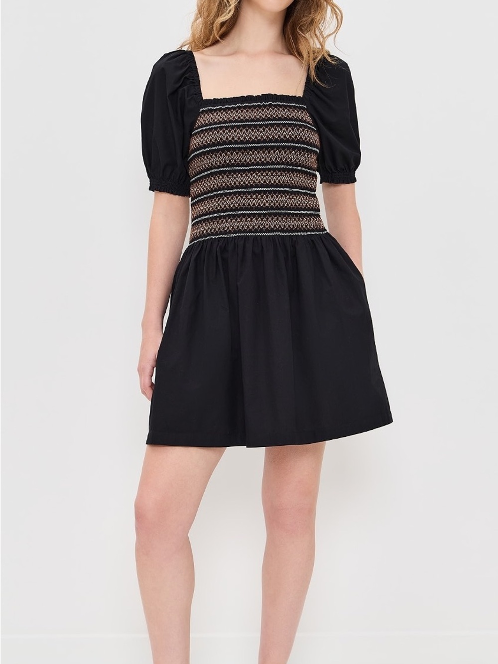 Madewell Black Smocked Square-Neck Mini Dress